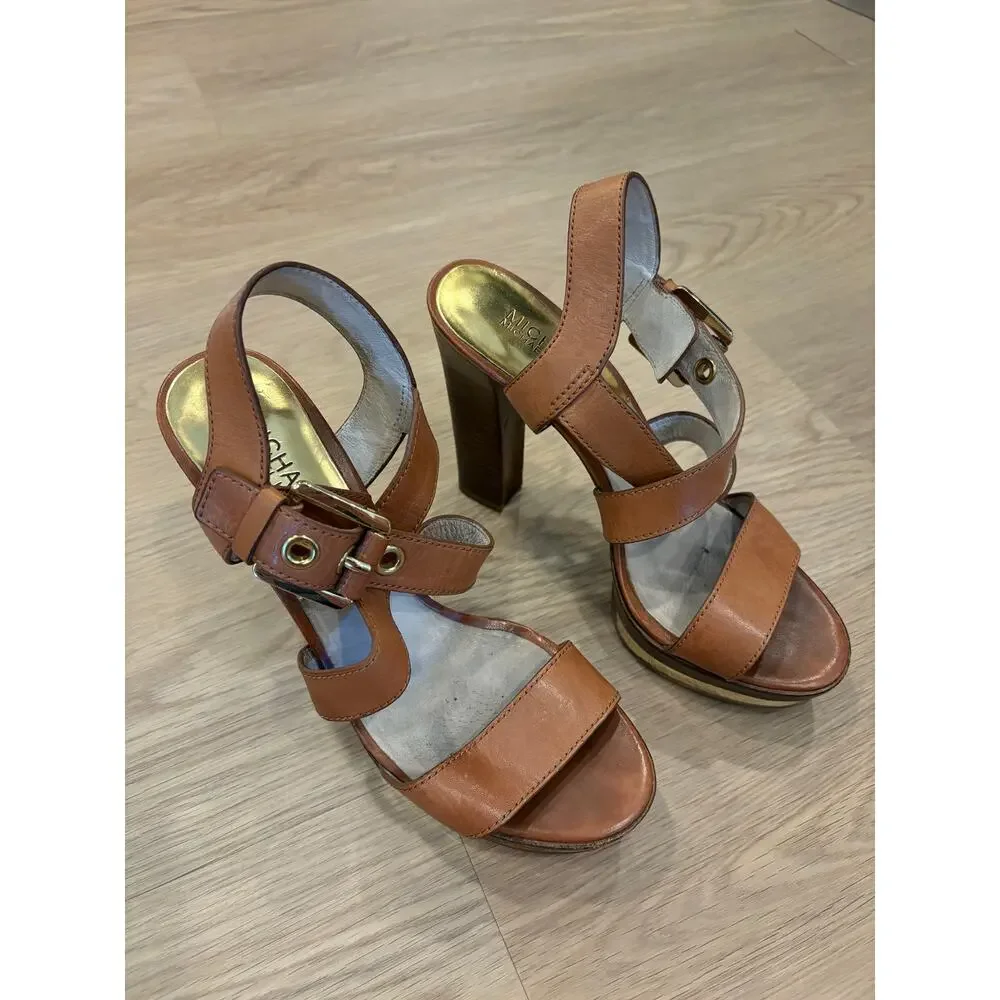 Michael Kors brown leather strappy heel sandals with gold accents size 8